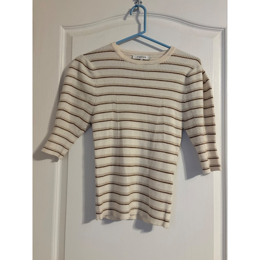 FRAME Ribbed Knit Top Womens Medium Bronze Multi Metallic Stripe Preppy